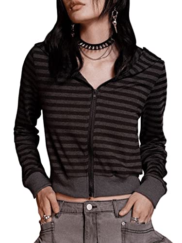 Verdusa Women's Punk Rock Striped Print Zip Up Cropped Hoodie Sweatshirt Shirt Y2K Top Multicolor L