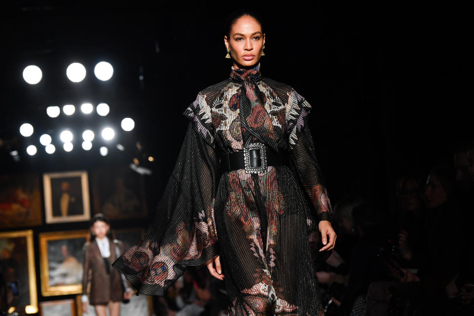 MILAN, ITALY - FEBRUARY 21: Joan Smalls walks the runway during the Etro fashion show as part of Milan Fashion Week Fall/Winter 2020-2021 on February 21, 2020 in Milan, Italy. (Photo by Jacopo Raule/WireImage)