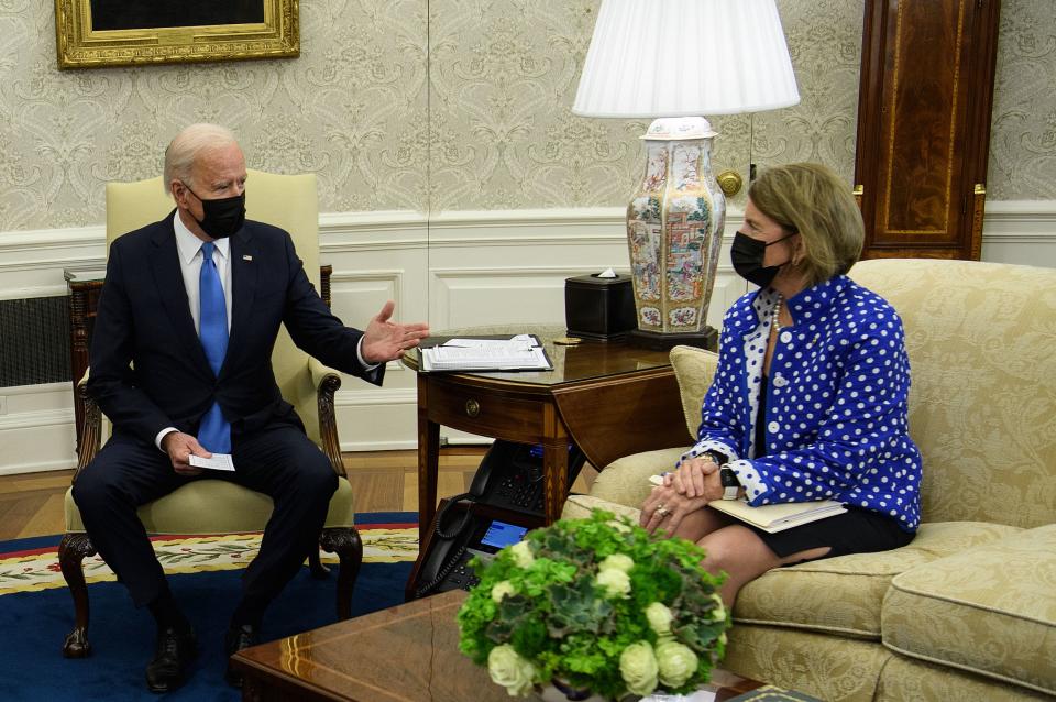 US President Joe Biden meets with Republican Senator from West Virginia Shelley Moore Capito and others to discuss an infrastructure bill in the Oval Office at the White House in Washington, DC, on May 13, 2021. (Photo by Nicholas Kamm / AFP) (Photo by NICHOLAS KAMM/AFP via Getty Images)