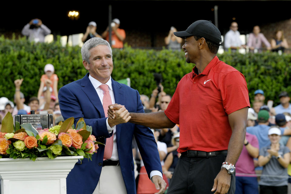 Jay Monahan and Tiger Woods, seen here in 2018, will have significant roles in the PGA Tour going forward. (Stan Badz/PGA TOUR)