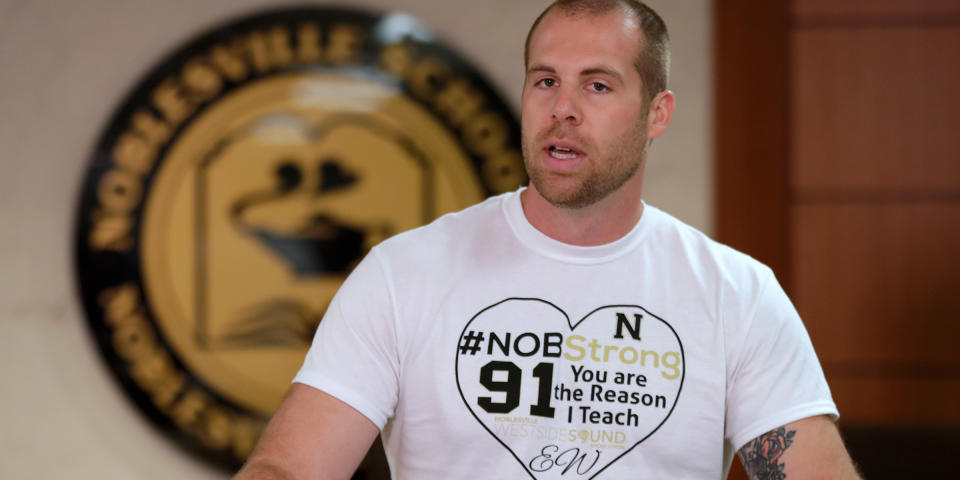 Jason Seaman tackled and disarmed a student with a gun after he was shot inside his middle school classroom. (AP Photo/Michael Conroy) (Michael Conroy / AP)