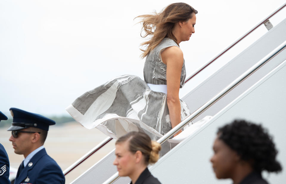 She’s usually stoic when out-and-about on official business, but Melania Trump couldn’t help but crack a smile when she narrowly avoided a wardrobe mishap yesterday. Photo: Getty Images