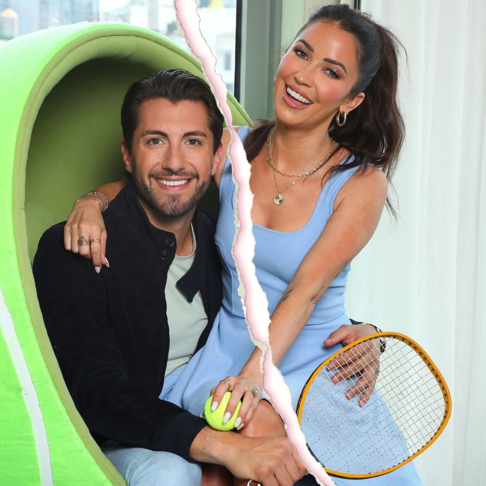 A split image of Jason Tartick and Kaitlyn Bristowe promoting tennis gear