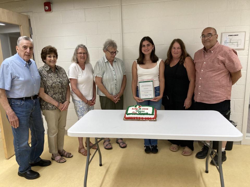 Sons and Daughters of Italy Lodge #2303's Paul Russo, left, Josephine Russo, Diane Coughenour, Cynthia Semprini, scholarship recipient Mia Edwards, and her parents, Nancy Edwards and John Edwards.