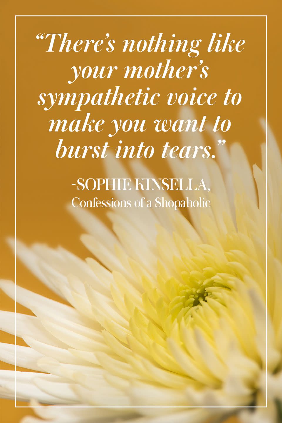 <p>"There's nothing like your mother's sympathetic voice to make you want to burst into tears." </p><p>- Sophie Kinsella, <em>Confessions of a Shopaholic</em></p>