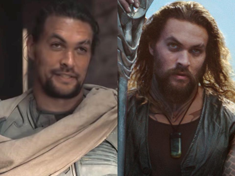 On the left: Jason Momoa as Duncan Idaho in "Dune." On the right: Momoa as Aquaman in "Aquaman."