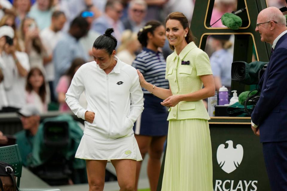 The Princess of Wales consoling a heartbroken Ons Jabeur after Saturday’s match (Copyright 2023 The Associated Press. All rights reserved)