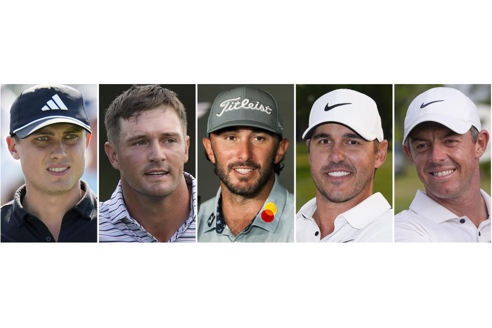 FILE - From left are golfers Ludvig Aberg, Bryson DeChambeau, Max Homa, Brooks Koepka and Rory McIlroy. The 106th PGA Championship is scheduled to be played at Valhalla Golf Club in Louisville, Ky., May 16-19. (AP Photo/File)