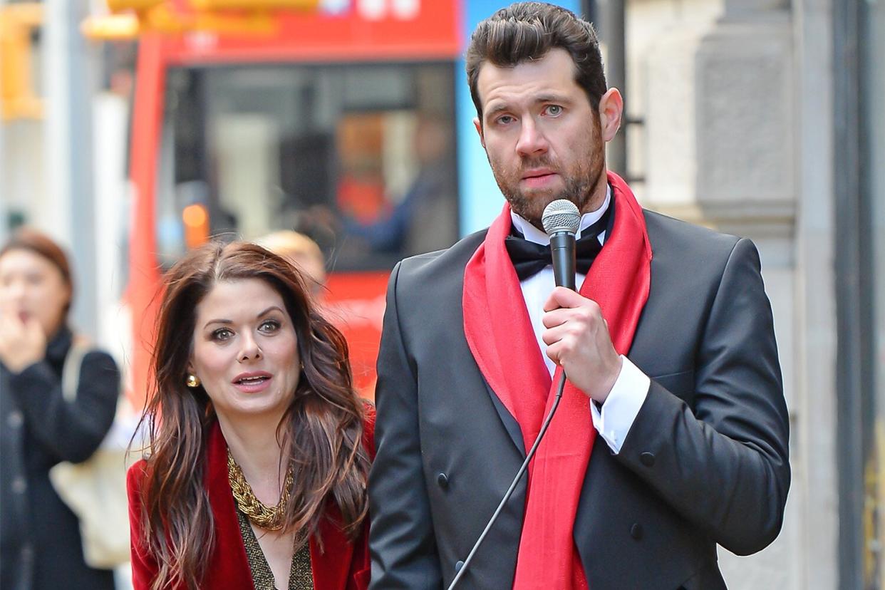 NEW YORK, NY - DECEMBER 02: Actors Debra Messing and Billy Eichner are seen on set in Midtown on December 2, 2016 in New York City. (Photo by Raymond Hall/GC Images)