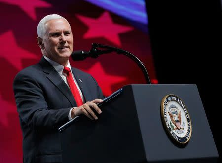 U.S. Vice President Mike Pence speaks at a National Rifle Association (NRA) convention in Dallas, Texas, U.S. May 4, 2018. REUTERS/Lucas Jackson