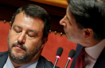 FILE PHOTO: Italian Prime Minister Giuseppe Conte addresses the upper house of parliament over the ongoing government crisis, in Rome