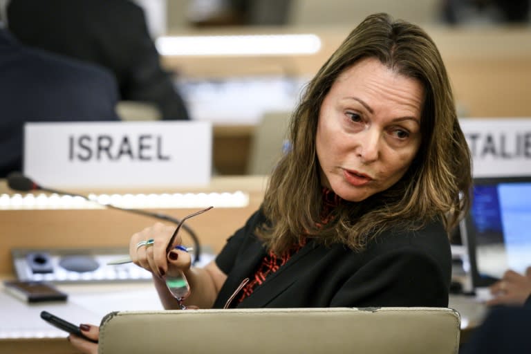 Israel's Ambassador Aviva Raz Shechter gestures during a special session of the United Nations (UN) Human Rights Council which voted to send a team of war crimes investigators to probe the deadly shootings of Gaza protesters by Israeli forces