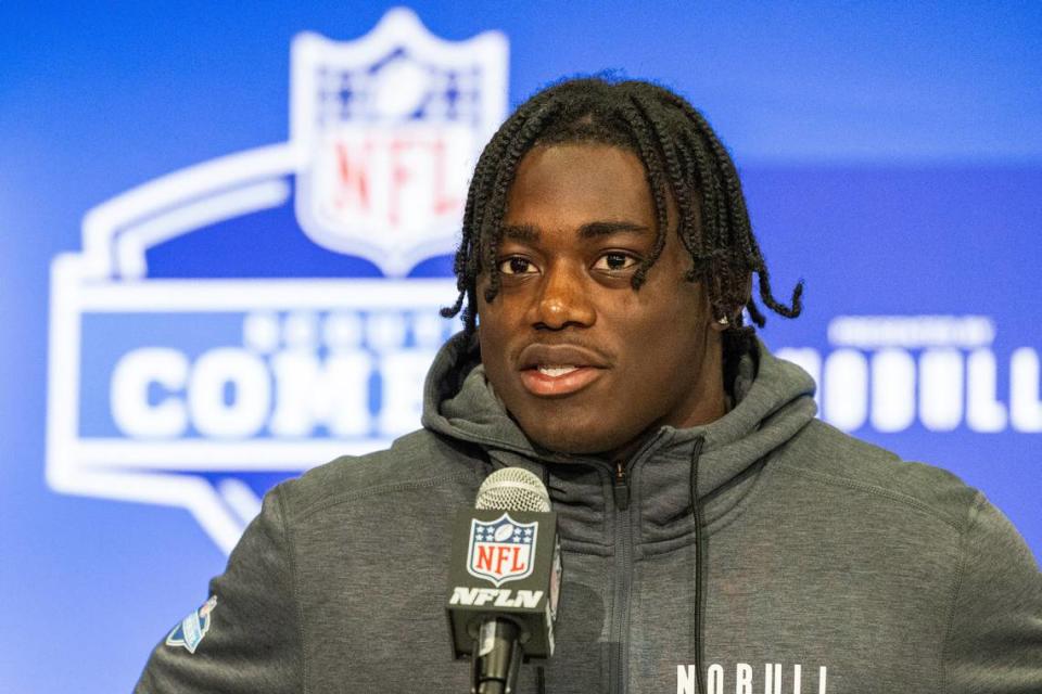 Wake Forest defensive back Malik Mustapha talks to the media during the 2024 NFL Combine at Lucas Oil Stadium in Indianapolis. Trevor Ruszkowski-USA TODAY Sports