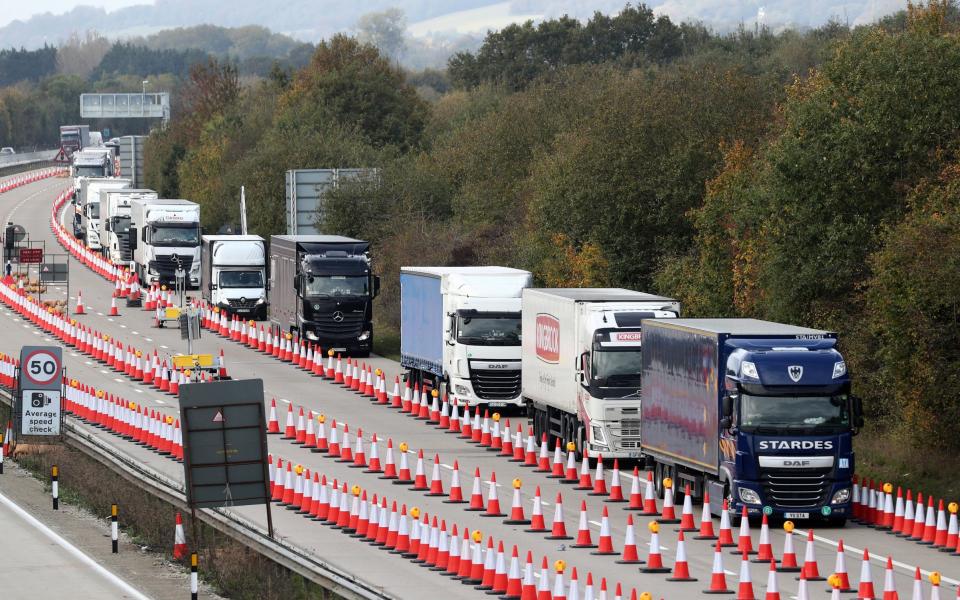 Traffic passes through Operation Brock on the M20 in Ashford, Kent - Gareth Fuller/PA