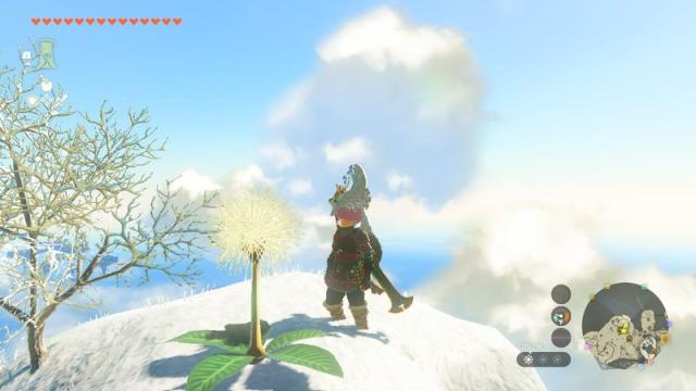 Link stands in front of a Korok dandelion on a snowy hill.
