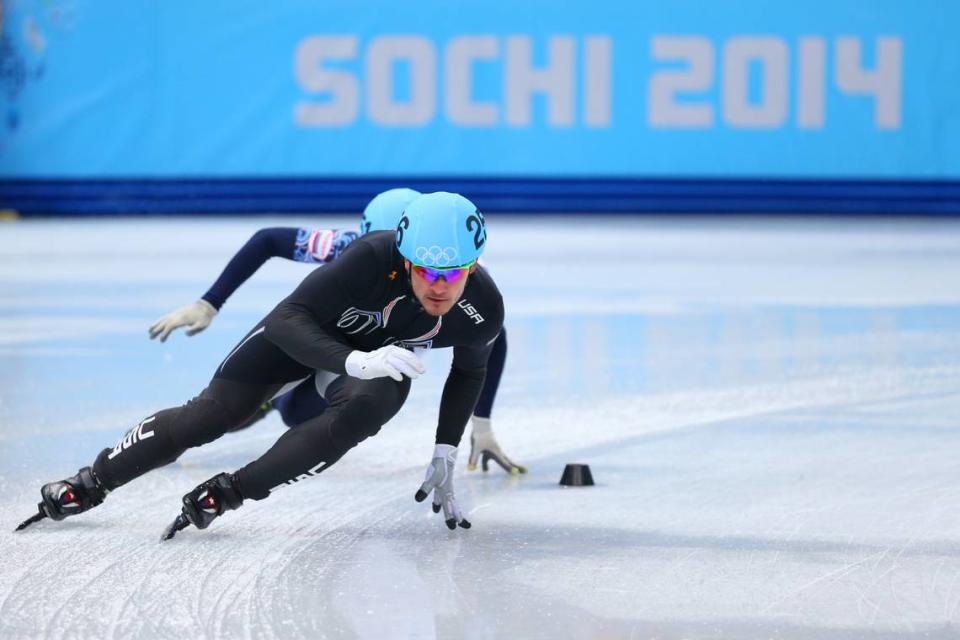 Eduardo Alvarez of the United States competes in the Short Track Men’s 5000m Relay A on day fourteen of the 2014 Sochi Winter Olympics at Iceberg Skating Palace on February 21, 2014 in Sochi, Russia.