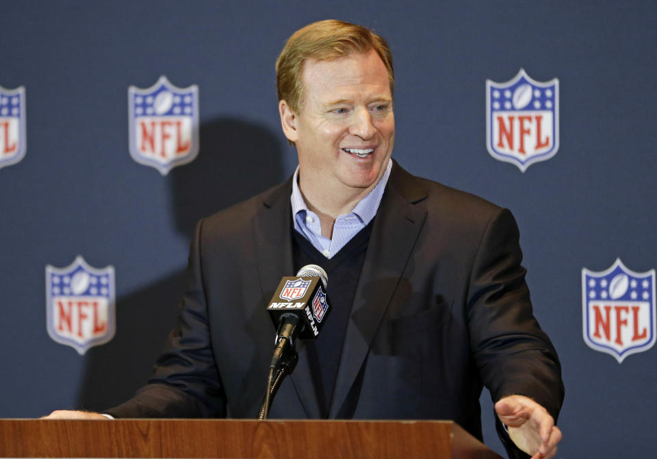NFL Commissioner Roger Goodell answers questions during a news conference at the NFL football annual meeting in Orlando, Fla., Wednesday, March 26, 2014. (AP Photo/John Raoux)