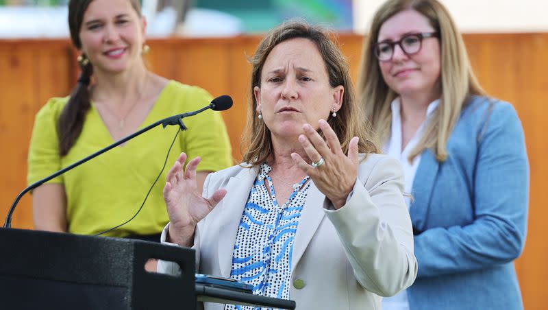 U.S. Environmental Protection Agency (EPA) Regional Administrator for Region 8 KC Becker speaks as she joins Salt Lake City Mayor Erin Mendenhall and Utah Department of Environmental Quality (DEQ) Director Kim Shelley at an event at NeighborWorks in Salt Lake City on Tuesday, July 25, 2023. They listened to community concerns, and shared information about EPA support and grant opportunities and presented the initial results of an environmental justice assessment focused on westside neighborhoods.