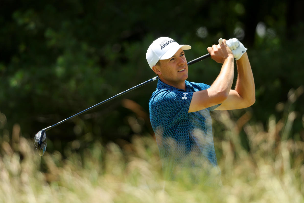 BROOKLINE, MASSACHUSETTS - JUNE 18: Jordan Spieth of the United States plays his shot from the fifth tee during the third round of the 122nd U.S. Open Championship at The Country Club on June 18, 2022 in Brookline, Massachusetts. (Photo by Andrew Redington/Getty Images)