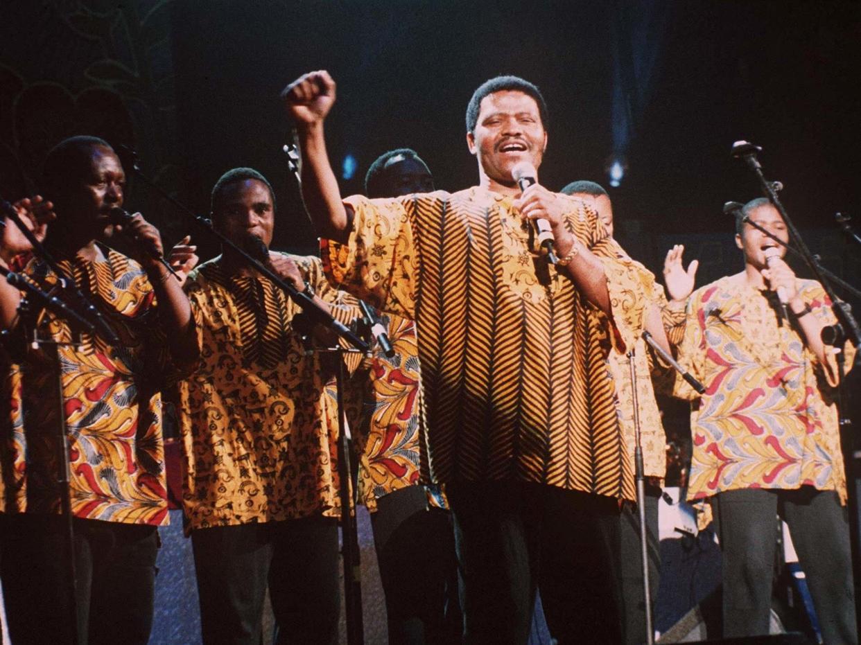 Shabalala fronts Ladysmith Black Mambazo during the concert for Nelson Mandela at the Albert Hall, London, in 1996: Rex