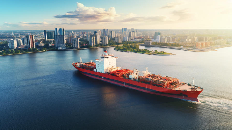 A modern seaborne tanker off the coast of a major metropolitan city, transporting liquefied petroleum gas.