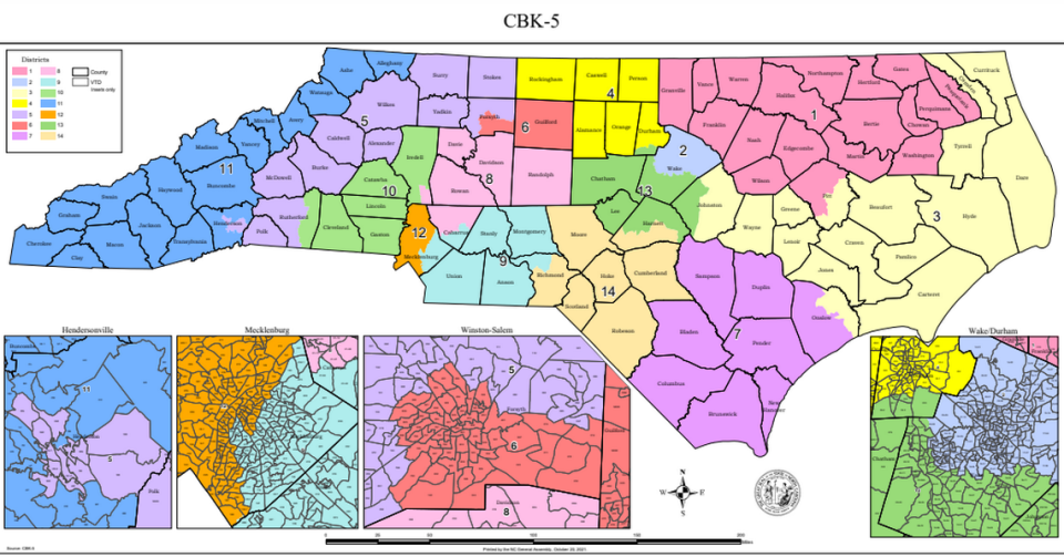 One of the potential congressional maps for North Carolina in the 2021 redistricting process, drawn by a Democratic state senator.