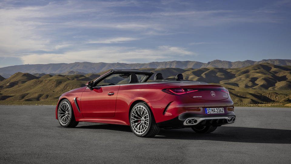 A rear 3/4 view of the 2025 Mercedes-AMG CLE53 Cabriolet