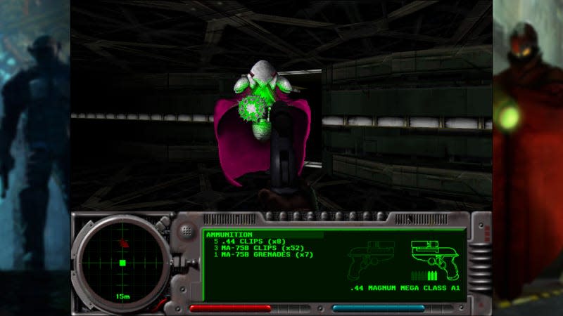 A composite image of art from Marathon and a screenshot from the game shows the player engaged in combat with an enemy.