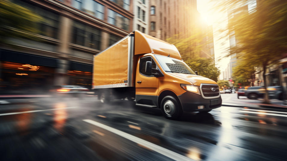 A pick-up and delivery truck speeding down a busy city street.