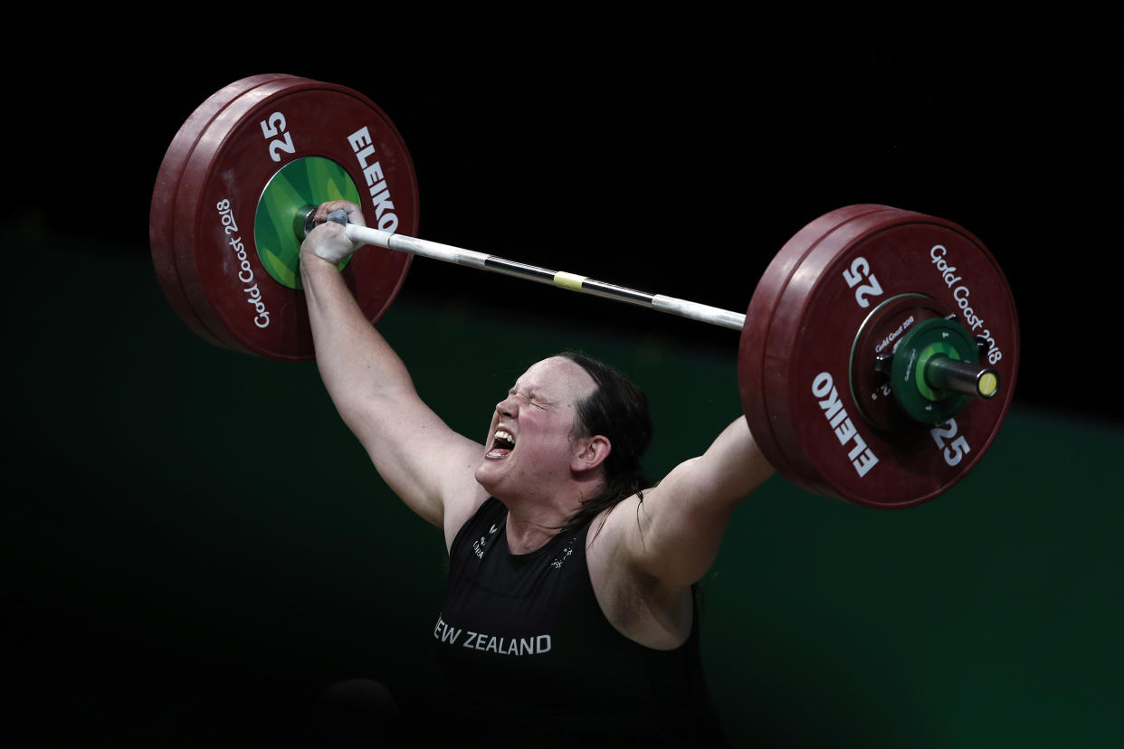 Image: Laurel Hubbard  during the women's +90kg weightlifting final at the Gold Coast Commonwealth Games in Gold Coast, Australia, on April 9, 2018. (Adrian Dennis / AFP via Getty Images)