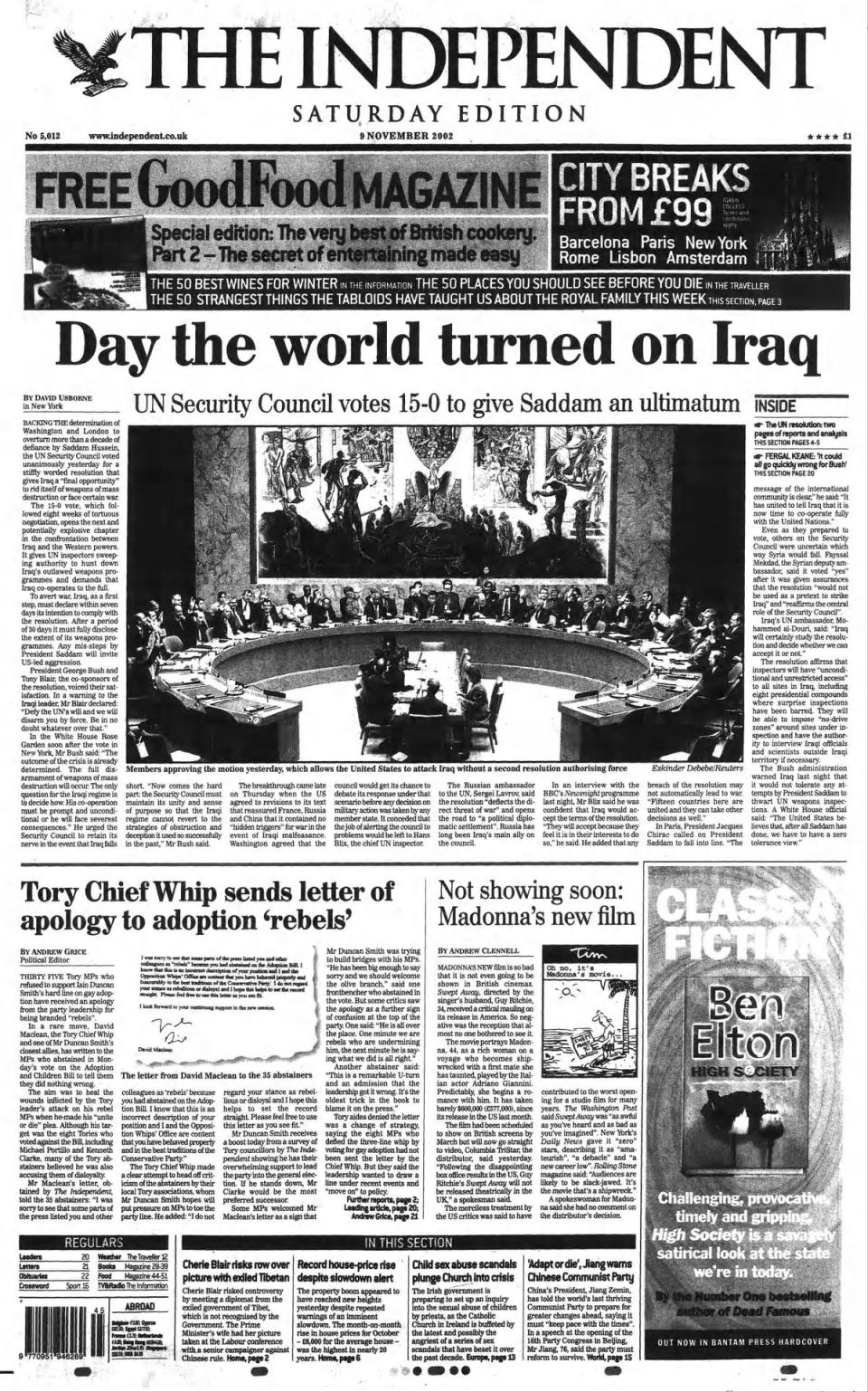 The Independent front page on 9 November 2002 (The Independent)