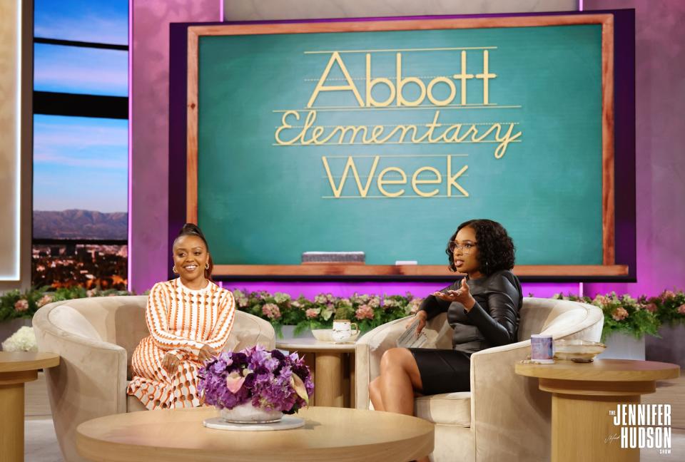 Quinta Brunson, at left, and Jennifer Hudson on "The Jennifer Hudson Show" on April 8.