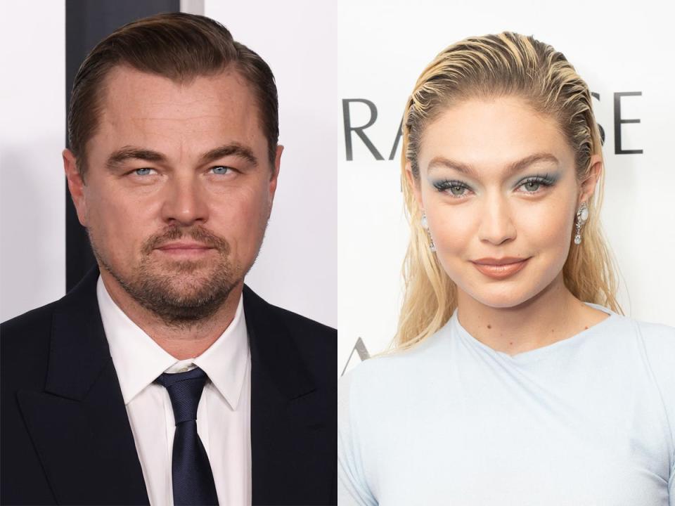 A side-by-side image of Leonardo DiCaprio and Gigi Hadid.