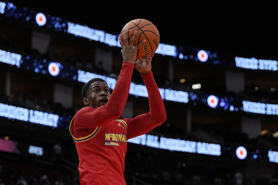 FILE - West guard V.J. Edgecombe scores during the second quarter of the McDonald's All-American boys' basketball game Tuesday, April 2, 2024, in Houston. The incoming Baylor freshman is among the potential headliners for the 2025 NBA draft. (AP Photo/Kevin M. Cox, File)