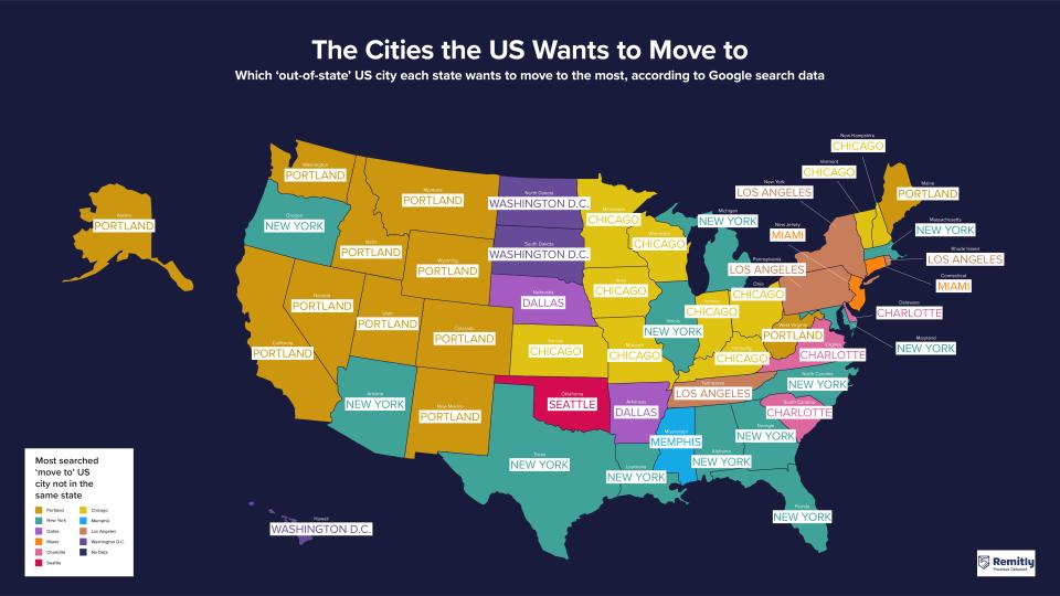 Map showing the top U.S. cities Americans search for. | Remitly