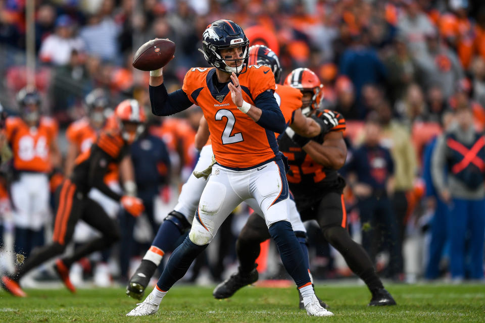 DENVER, CO - NOVEMBER 3:  Brandon Allen #2 of the Denver Broncos passes against the Cleveland Browns in the second quarter of a game at Empower Field at Mile High on November 3, 2019 in Denver, Colorado.  (Photo by Dustin Bradford/Getty Images)