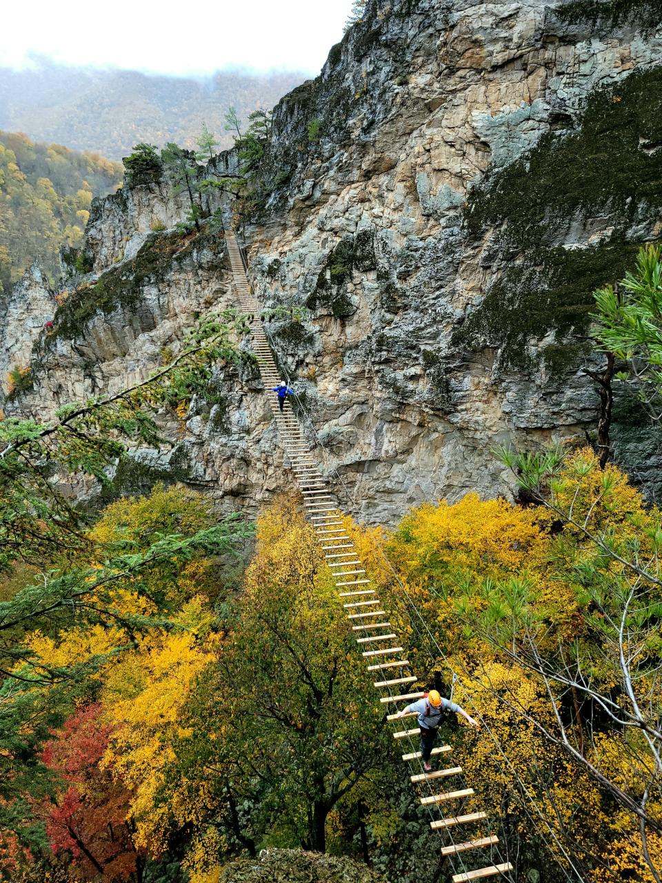 Via ferrata climbers at NROCKS Outdoor Adventures in Circleville, W.Va., enjoy views of the Allegheny Mountains.