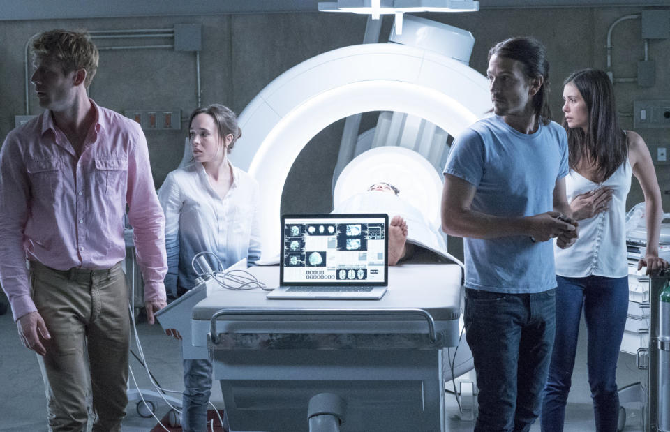 L-R: James Norton, Ellen Page, Diego Luna and Nina Dobrev in ‘Flatliners’ (credit: Sony)