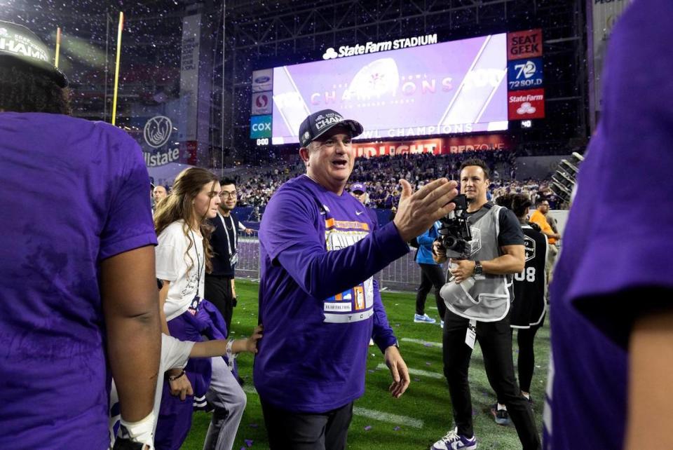 TCU head coach Sonny Dykes celebrates after defeating Michigan at the Vrbo Fiesta Bowl at State Farm Stadium in Glendale, Ariz., on Saturday, December 31, 2022.