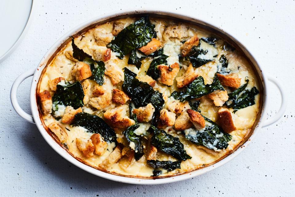 Cheesy Potato and Kale Gratin with Rye Croutons