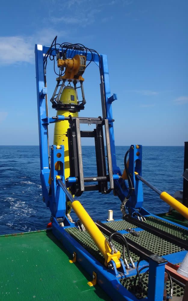 REMUS 6000 being deployed off the Colombian Navy research ship ARC Malpelo.