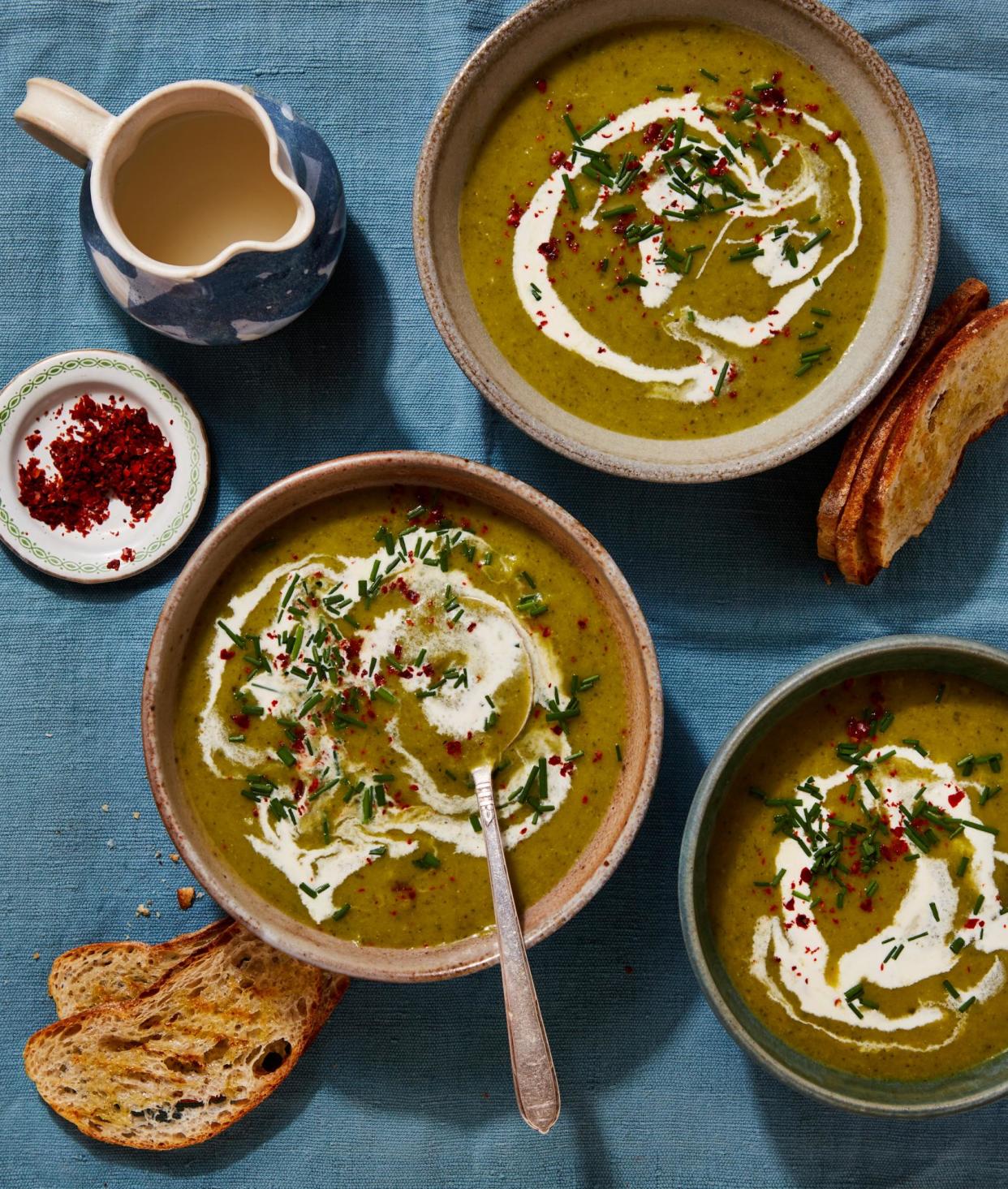 <span>Georgina Hayden’s chilled pea pod and lettuce soup.</span><span>Photograph: Louise Hagger/The Guardian. Food styling: Emily Kydd. Prop styling: Jennifer Kay. Food styling assistant: Eden Owen-Jones.</span>