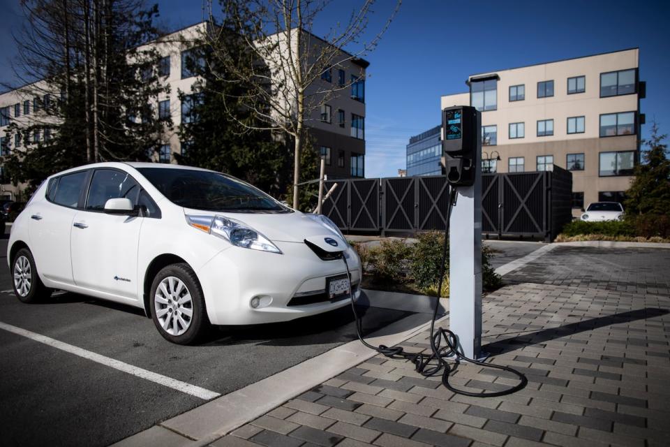 An electric vehicle charging station is pictured in Surrey, British Columbia on Monday April 11, 2021.