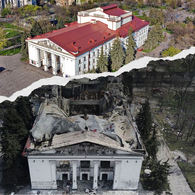 The only professional theater in Mariupol, Donetsk Academic Regional Drama Theatre, was constructed in the 1950s in the style of monumental Soviet classicism. After Russian bombing on March 16, this city’s cultural center became a mass grave for hundreds of children and adults hiding there, becoming a symbol of the humanitarian catastrophe in Ukraine. (Photo: Before: Wikimedia Commons; After: radiosvoboda.org / Ukrainian Institute)
