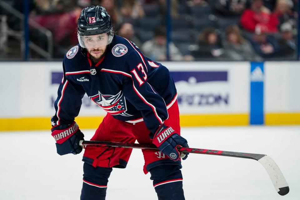 Nov 9, 2023; Columbus, Ohio, USA; Columbus Blue Jackets left wing Johnny Gaudreau (13) waits for a face off during the third period of the NHL hockey game against the Dallas Stars at Nationwide Arena. The Blue Jackets lost 5-2.