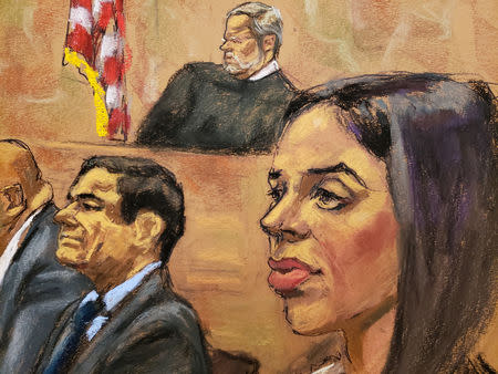 Accused Mexican drug lord Joaquin "El Chapo" Guzman is seen as Guzman's wife Emma Coronel (R) looks on from the gallery while Lucero Guadalupe Sanchez Lopez, a girlfriend of Guzman (not shown) testifies, in this courtroom sketch in Brooklyn federal court , in New York City, U.S., January 17, 2019. REUTERS/Jane Rosenberg NO RESALES. NO ARCHIVES