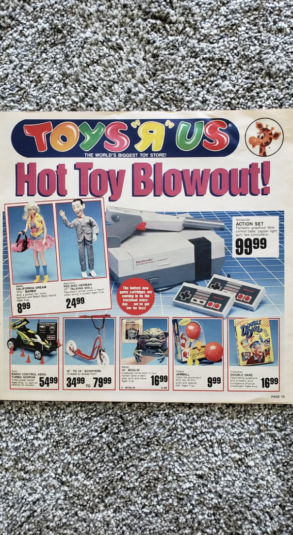 Vintage Toys "R" Us weekly advertisement featuring a variety of toys and their prices for a "Hot Toy Blowout" sale