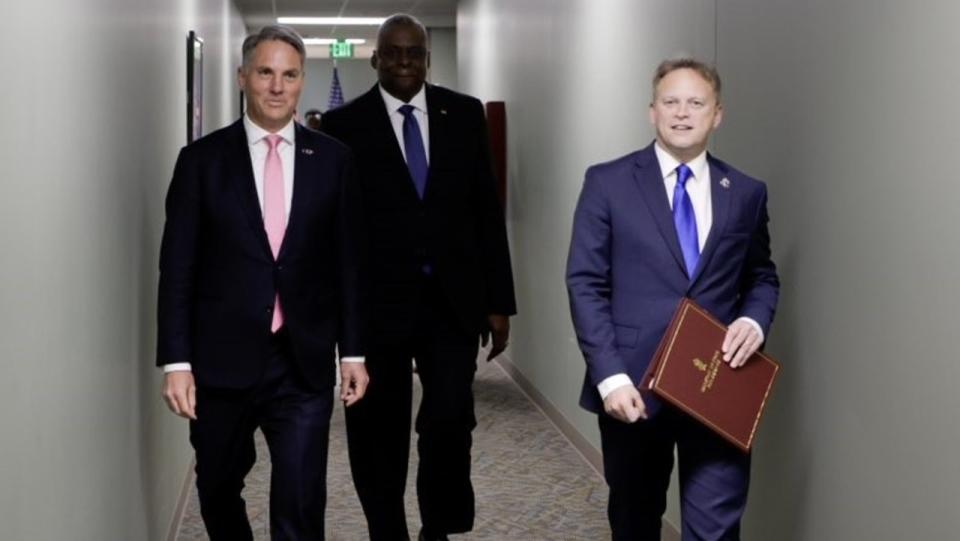 Australian Defence Minister Richard Marles meets his American and British counterparts Lloyd Austin (centre) and Grant Shapps (right) at the US Defence Innovation Unit in California for the second AUKUS Defence Ministers’ Meeting. Picture: Supplied