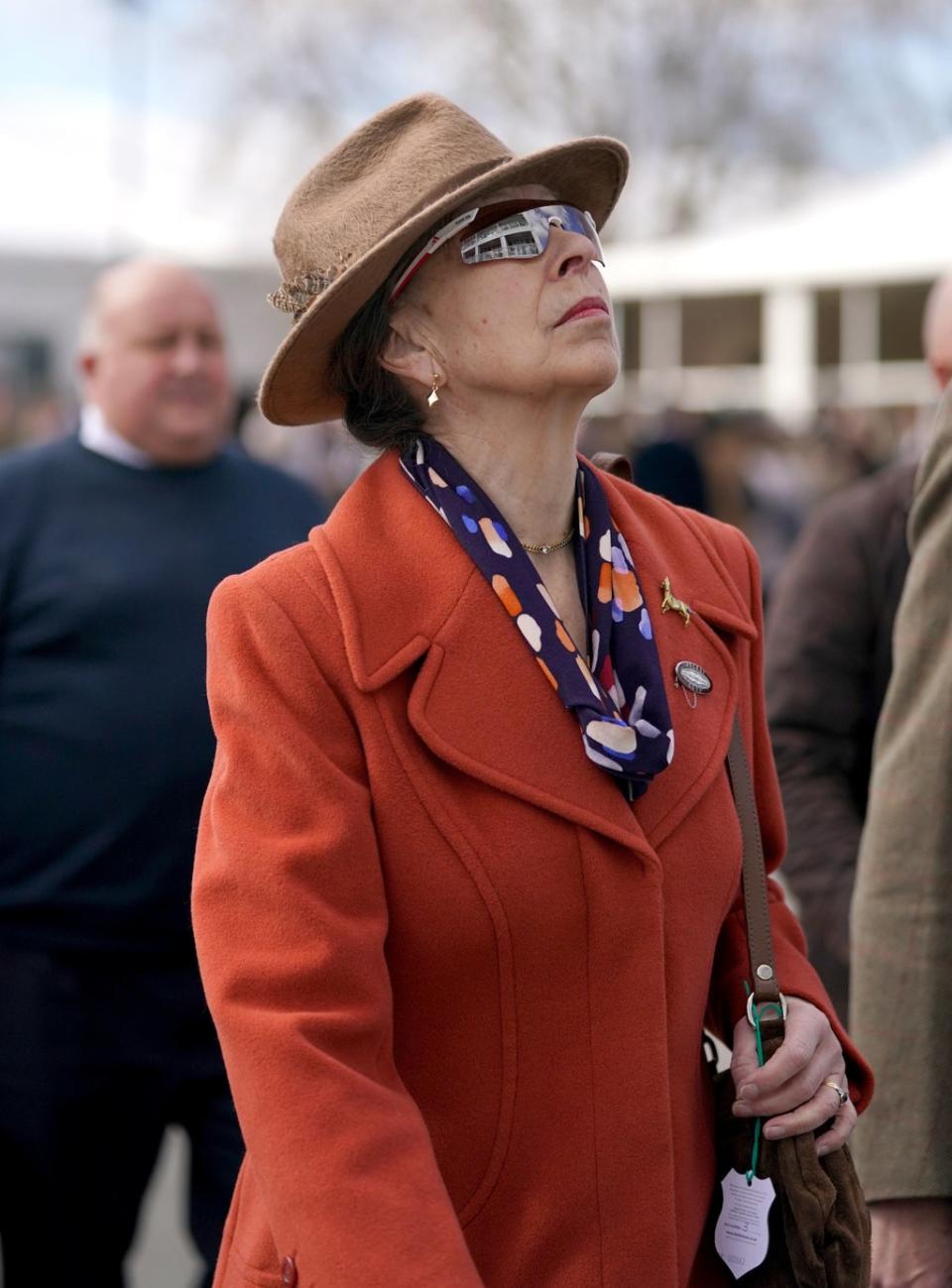 Princess Anne does Cheltenham Festival 2022 in cycling shades (PA)