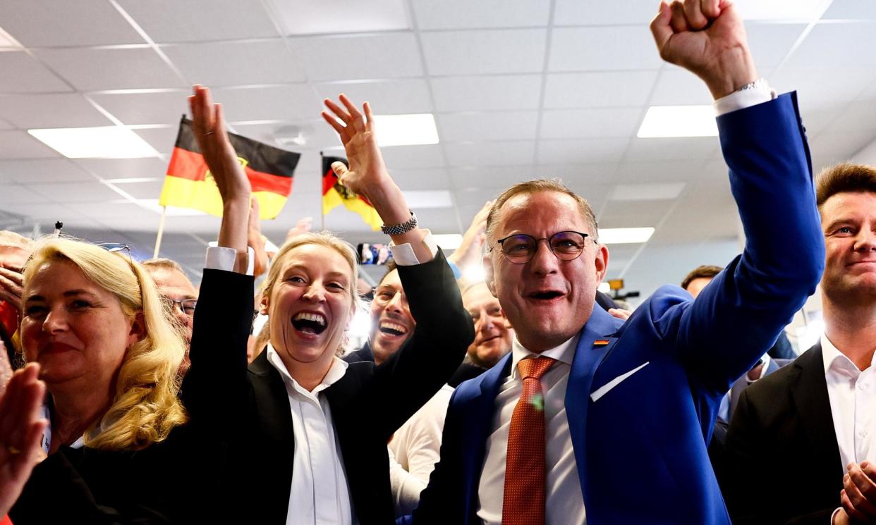 <span>Alternative für Deutschland co-chairman Tino Chrupalla (right) and deputy chair Alice Weidel celebrate the election results in Berlin.</span><span>Photograph: Filip Singer/EPA</span>